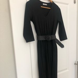 Black classic midi dress with belt.